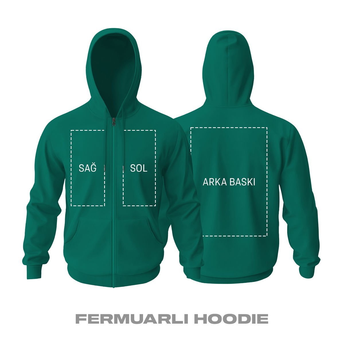 Kişisel Baskı - Petrol Yeşili Fermuarlı Hoodie