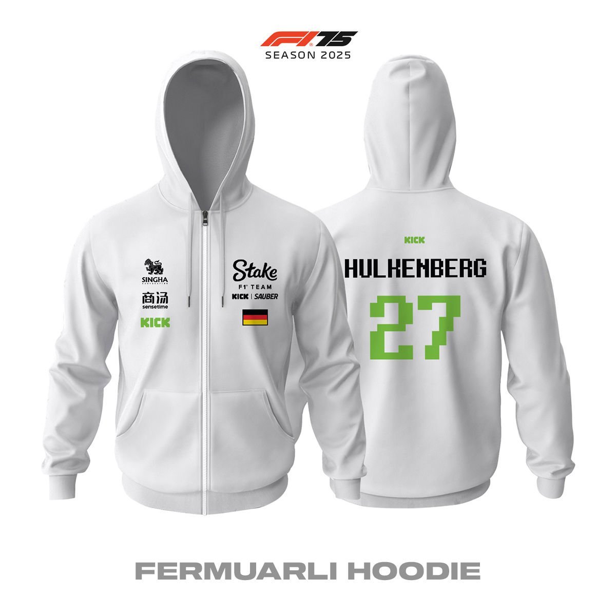 Stake F1 Team: Kick Sauber C45 White Crew Edition 2025 Fermuarlı Hoodie