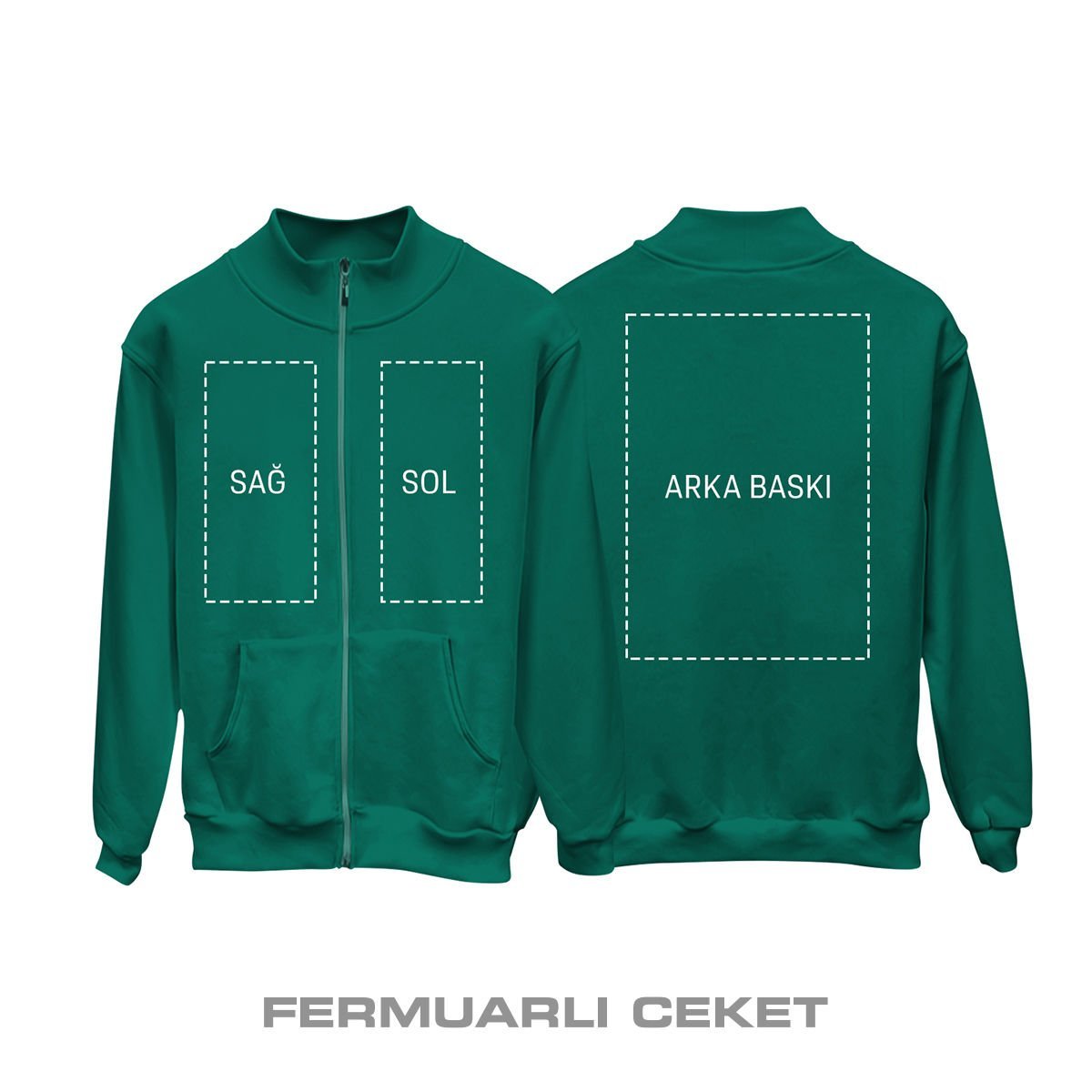 Kişisel Baskı - Petrol Yeşili Fermuarlı Ceket
