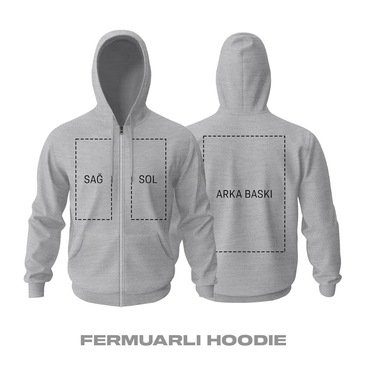 Kişisel Baskı - Gri Fermuarlı Hoodie