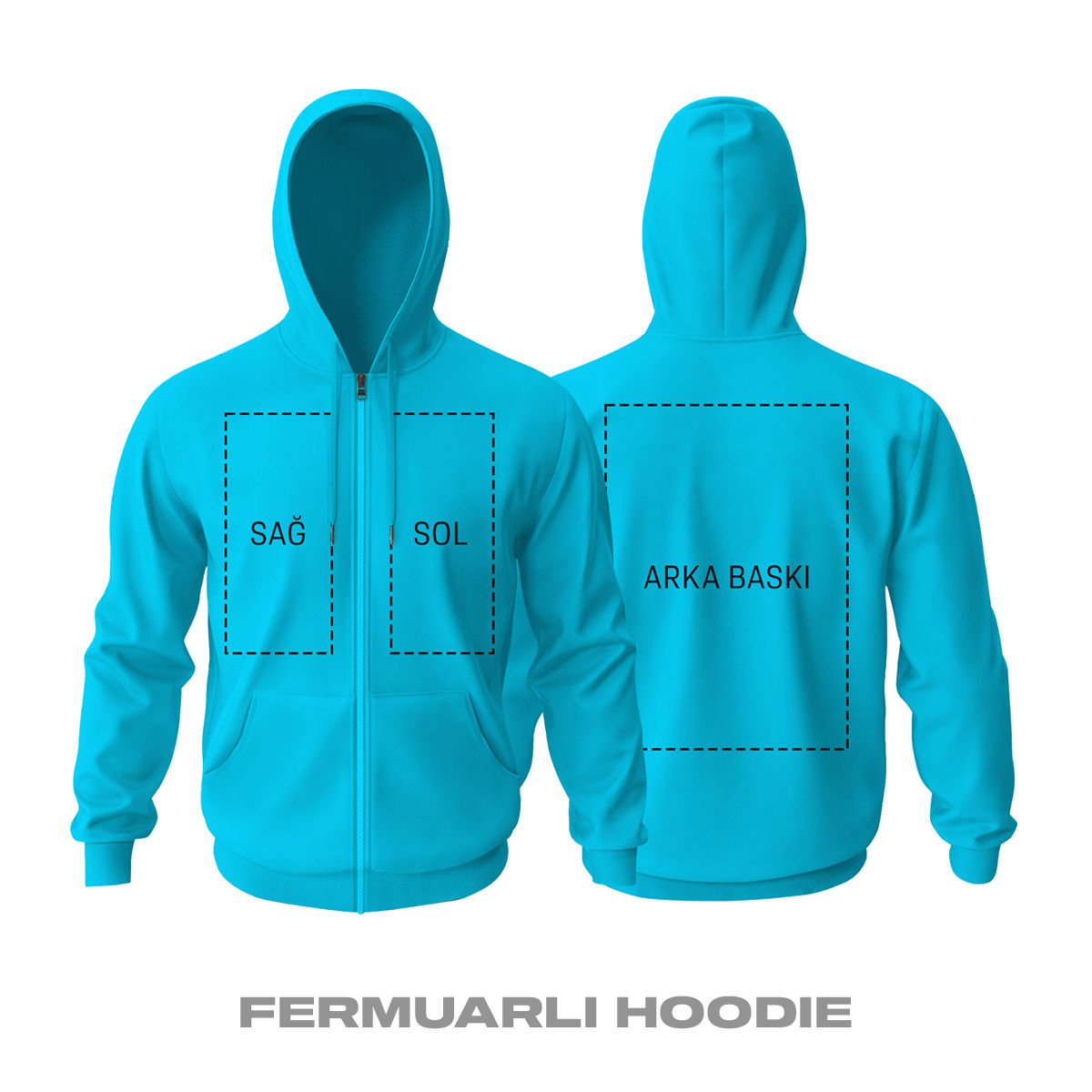 Kişisel Baskı - Turkuaz Fermuarlı Hoodie
