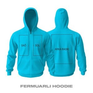 Kişisel Baskı - Turkuaz Fermuarlı Hoodie