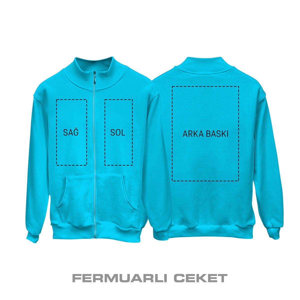 Kişisel Baskı - Turkuaz Fermuarlı Ceket