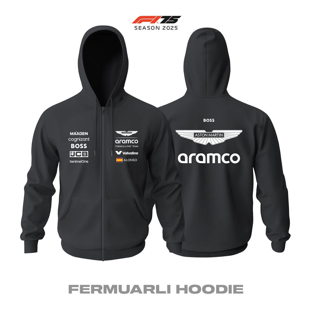Aston Martin F1 Team: AMR25 Black Edition 2025 Fermuarlı Hoodie