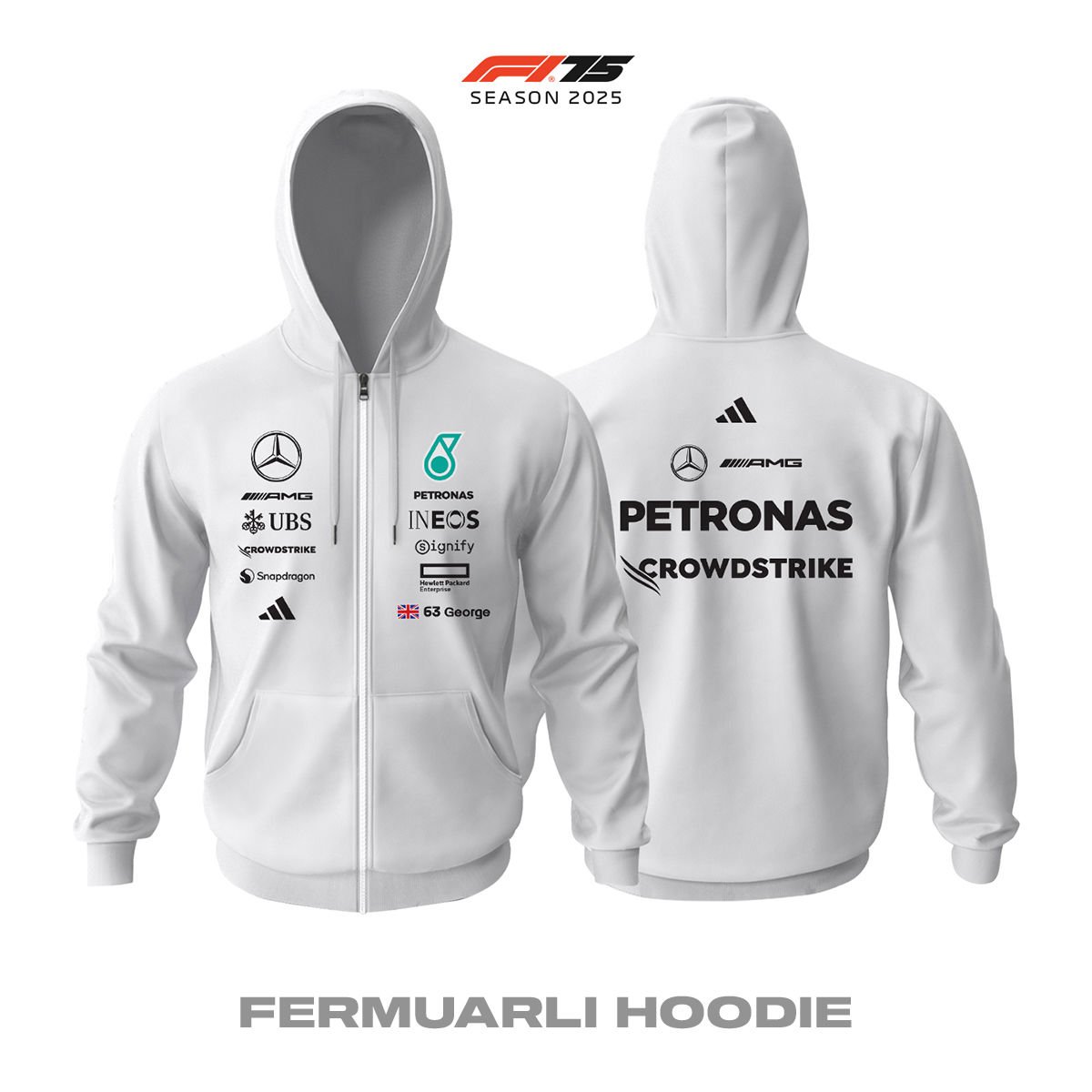 AMG Petronas F1 Team: W16 White Edition 2025 Fermuarlı Hoodie