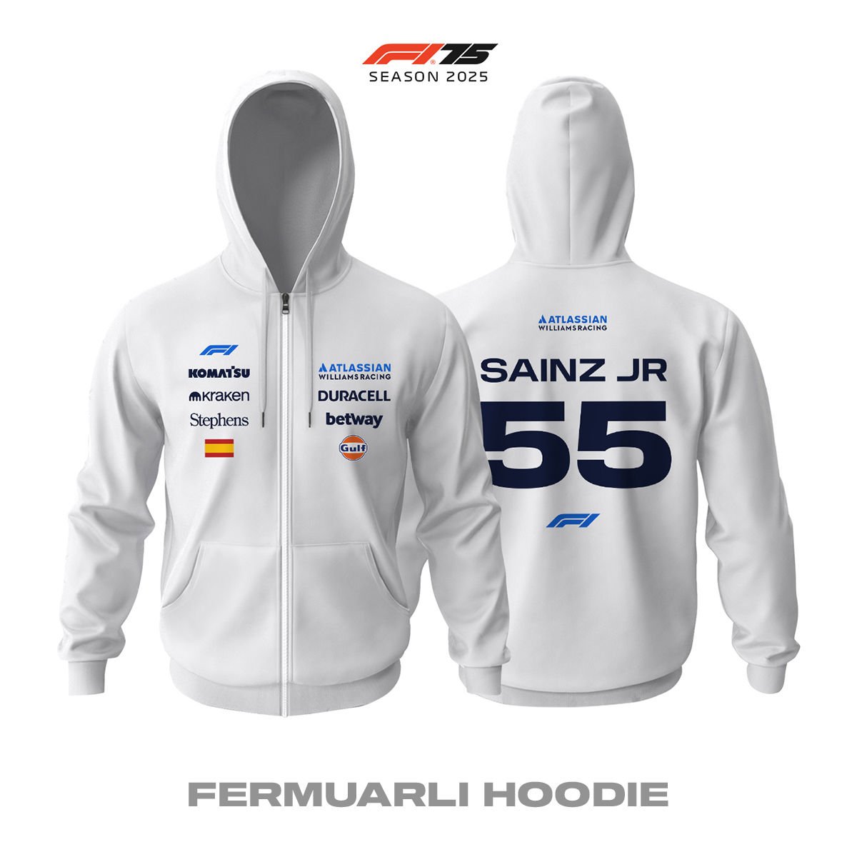 Williams F1 Team: FW47 White Crew Edition 2025 Fermuarlı Hoodie