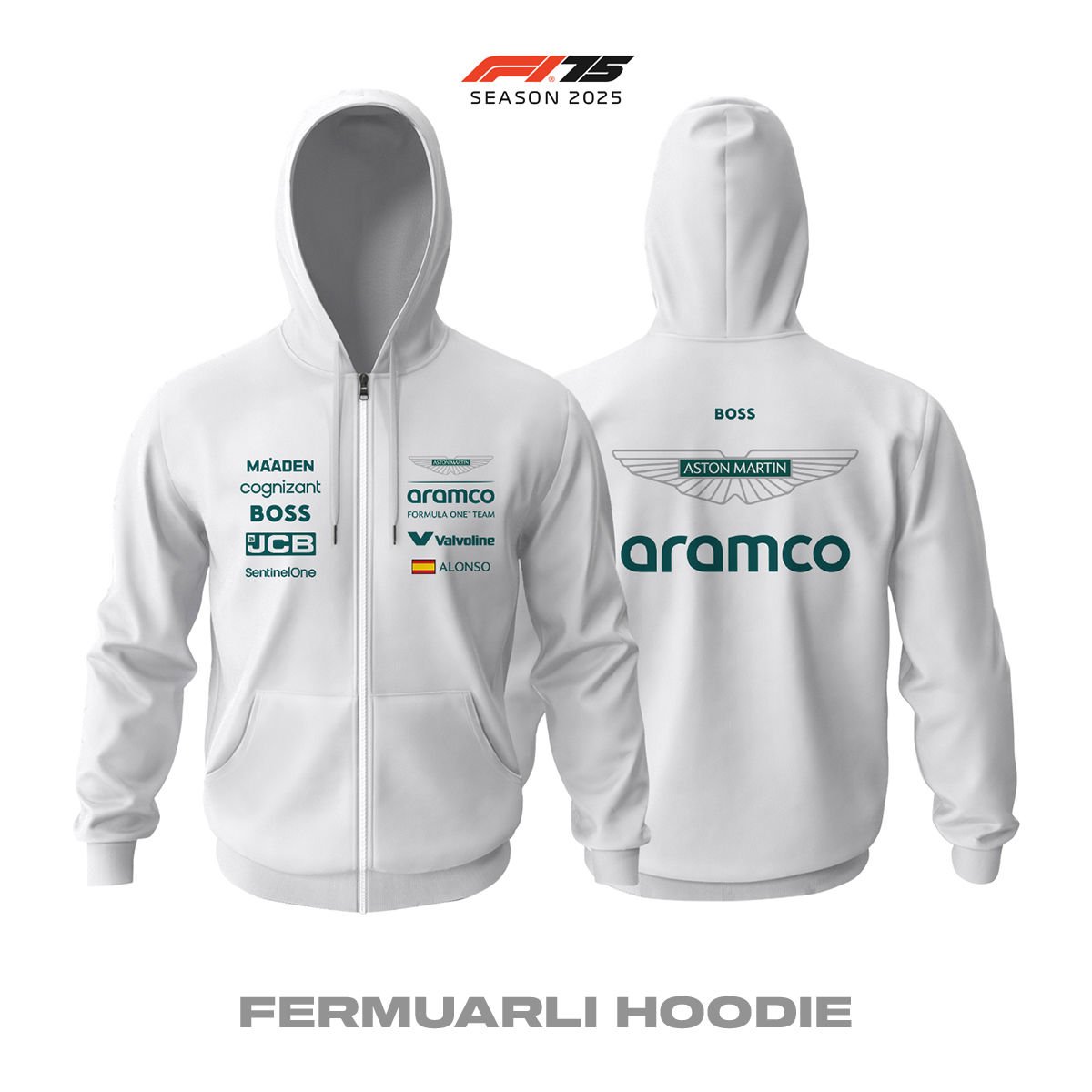 Aston Martin F1 Team: AMR25 White Edition 2025 Fermuarlı Hoodie