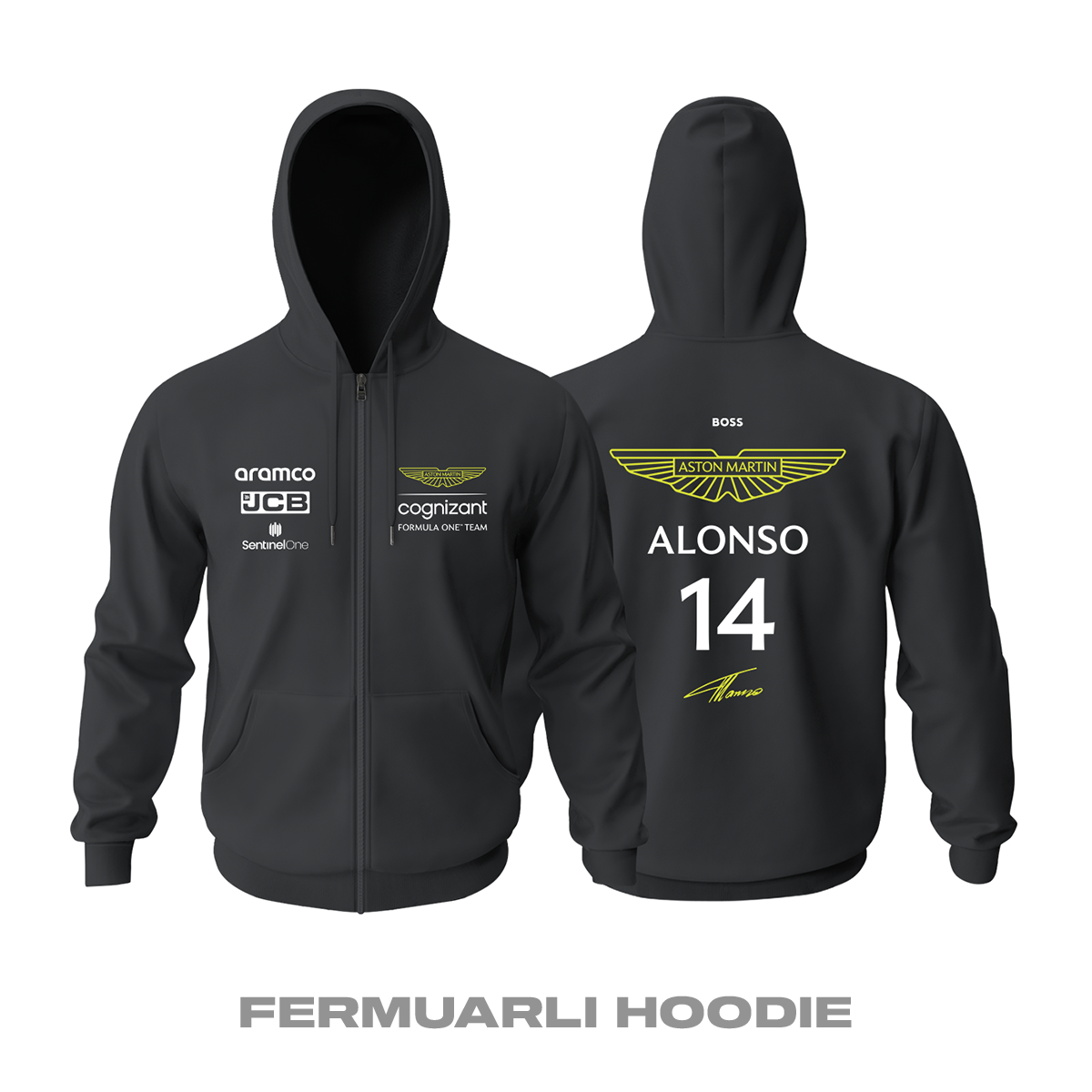 Aston Martin F1 Team: Black Crew Edition 2023 Fermuarlı Kapüşonlu Hoodie
