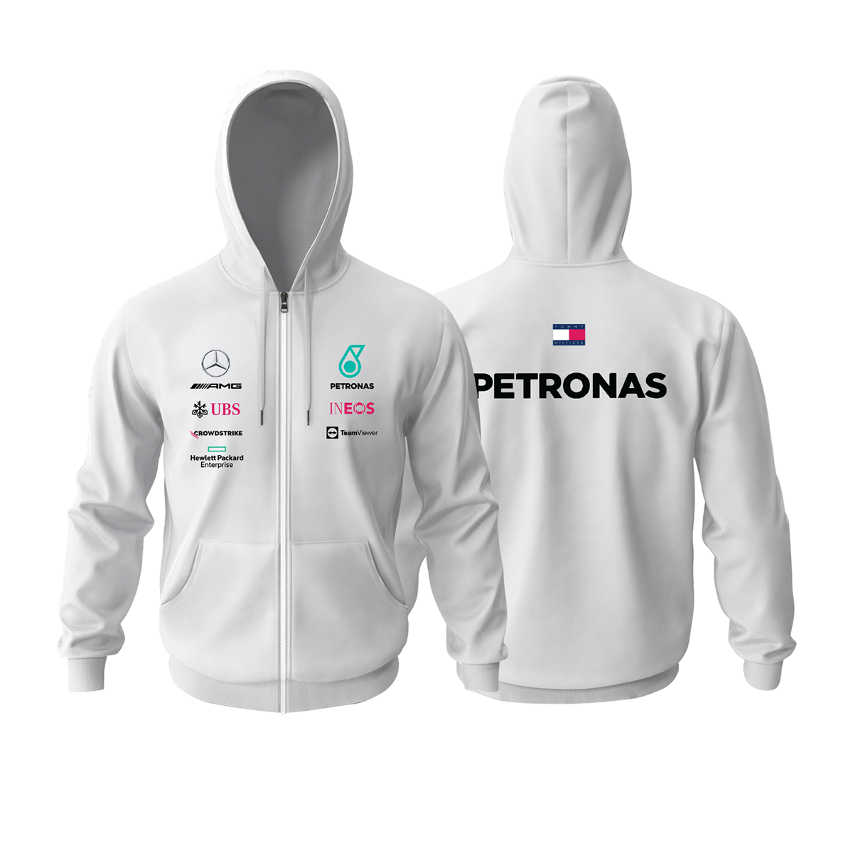 AMG Petronas F1 Team: White Crew Edition Fermuarlı Kapüşonlu Hoodie L
