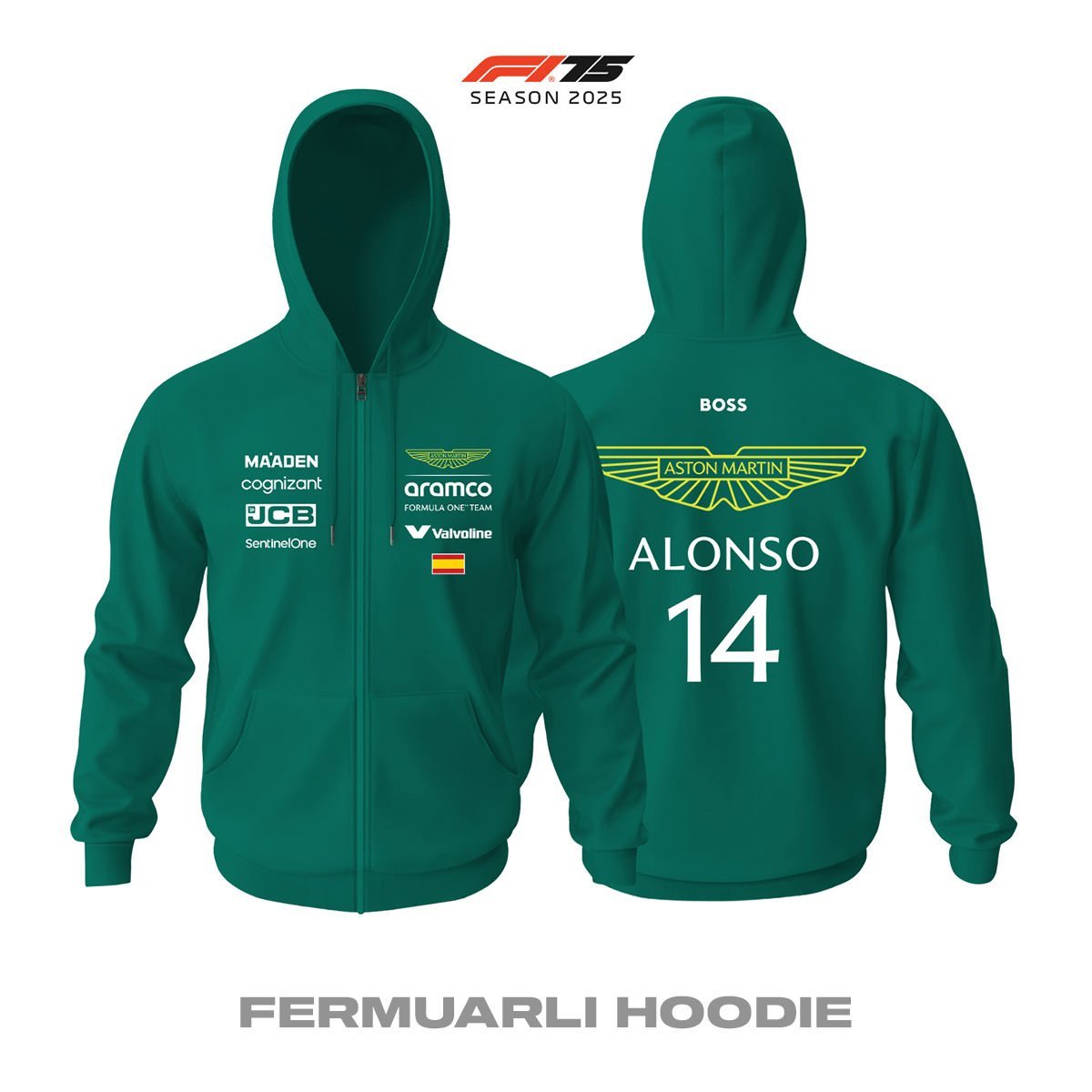 Aston Martin F1 Team: AMR25 Green Crew Edition 2025 Fermuarlı Hoodie