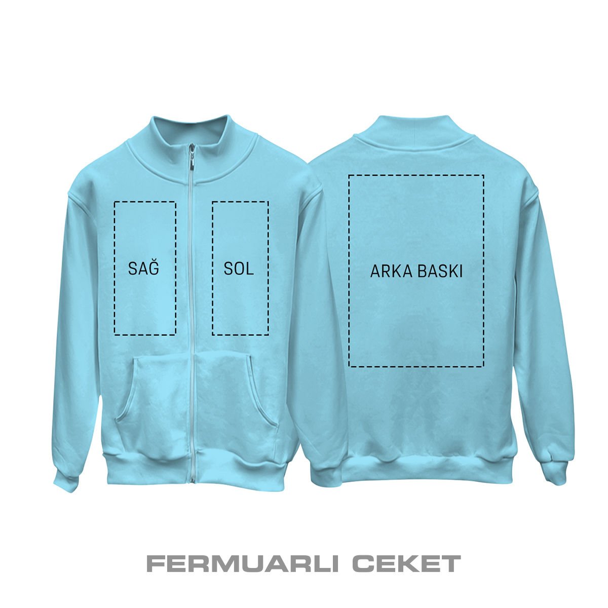 Kişisel Baskı - Buz Mavi Fermuarlı Ceket