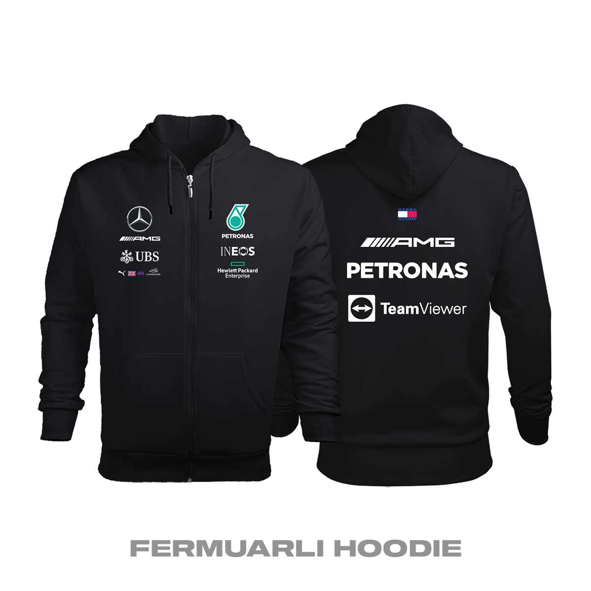 AMG Petronas F1 Team: Black Edition 2022 Fermuarlı Kapüşonlu Hoodie 2XL