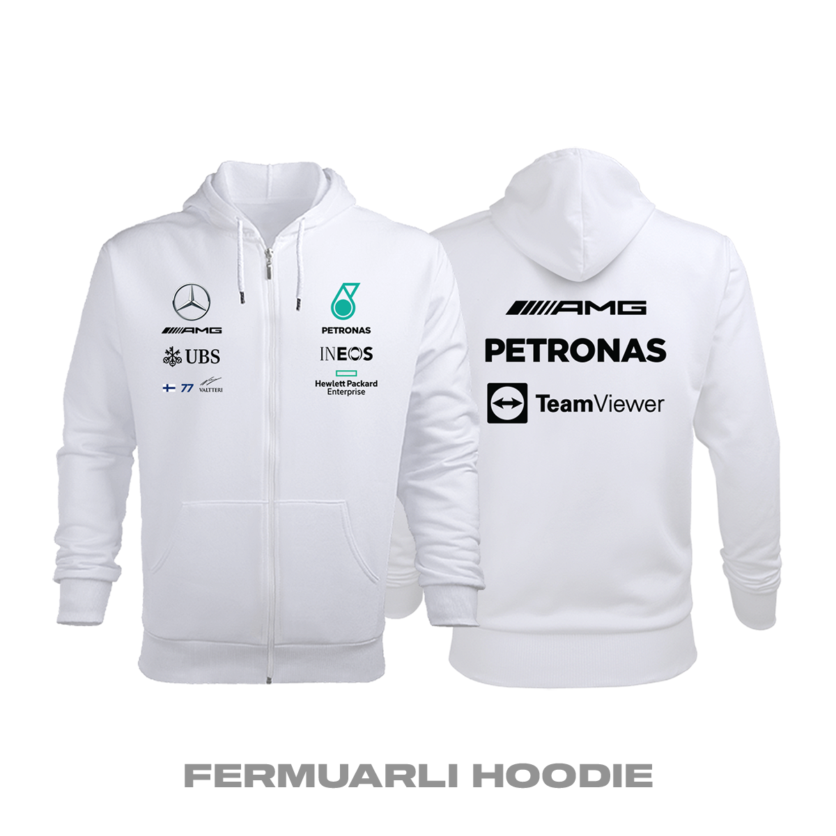 AMG Petronas F1 Team: White Edition 2021 Fermuarlı Kapüşonlu Hoodie L