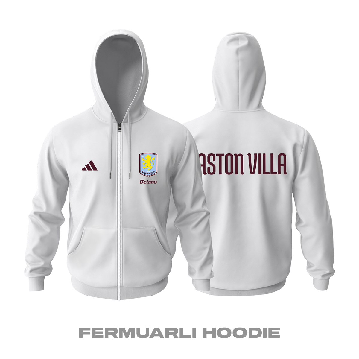 Aston Villa: Club Culture Series - White Edition Fermuarlı Hoodie