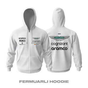 Aston Martin F1 Team: White Edition 2023 Fermuarlı Kapüşonlu Hoodie