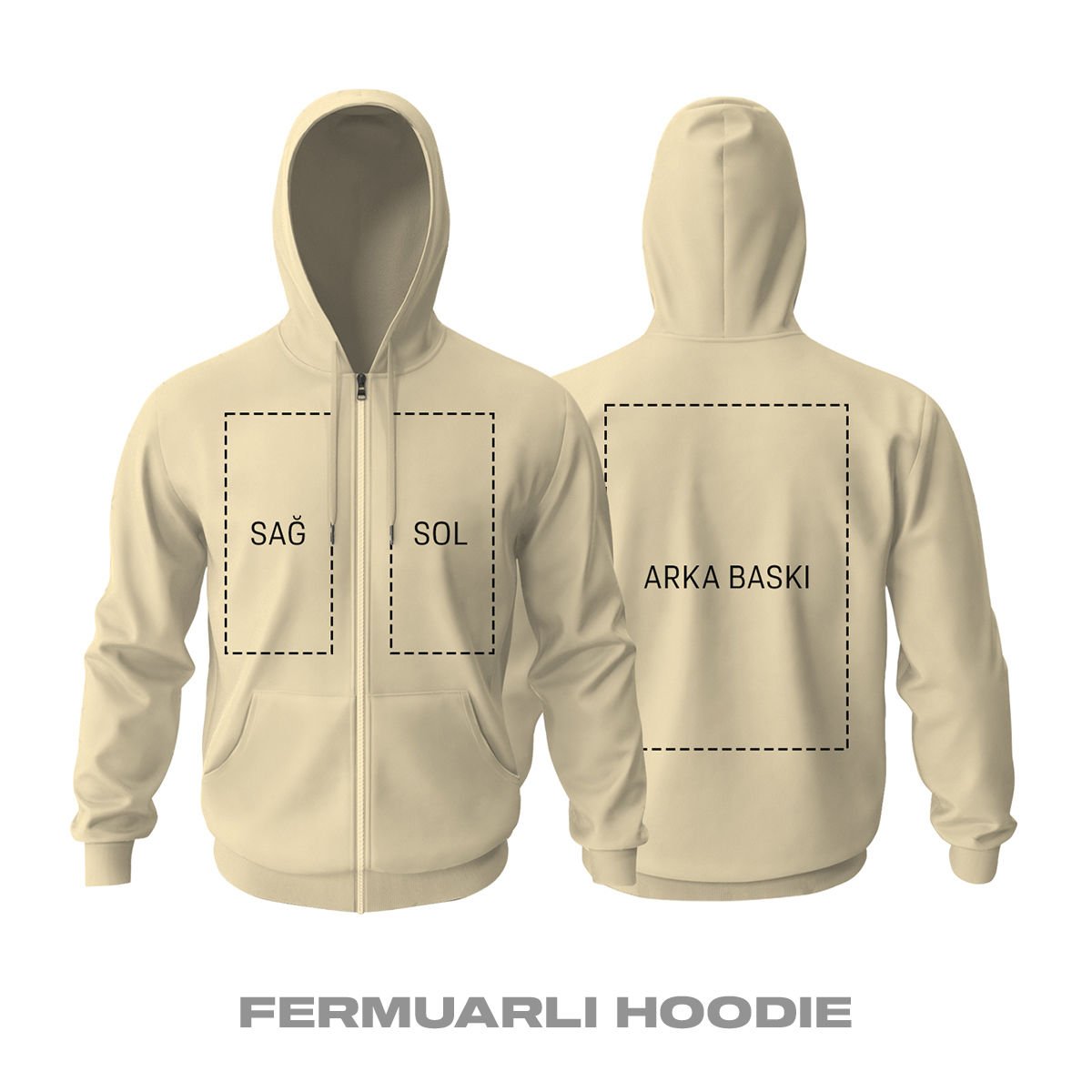 Kişisel Baskı - Krem Fermuarlı Hoodie