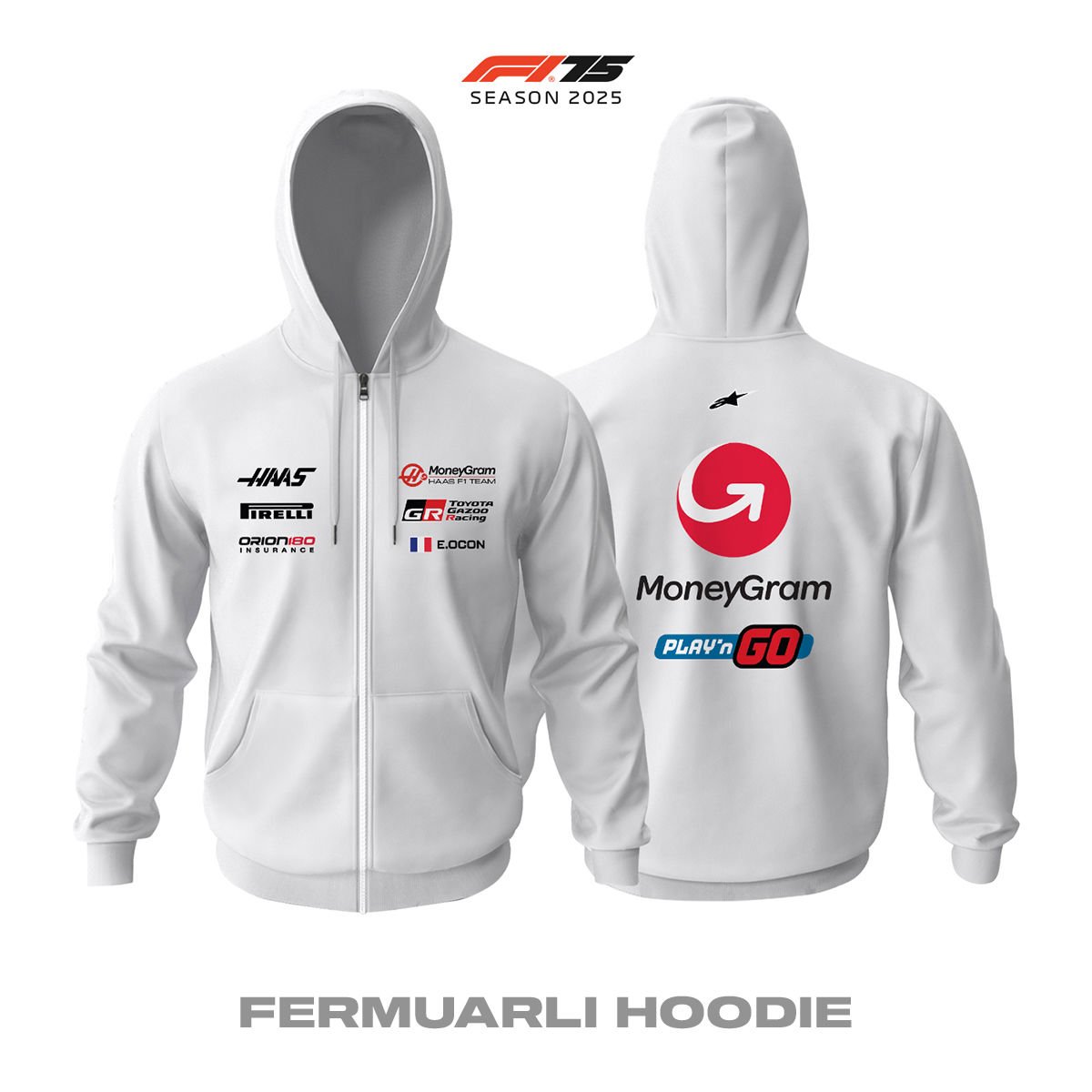 Haas F1 Team: VF-25 White Edition 2025 Fermuarlı Hoodie