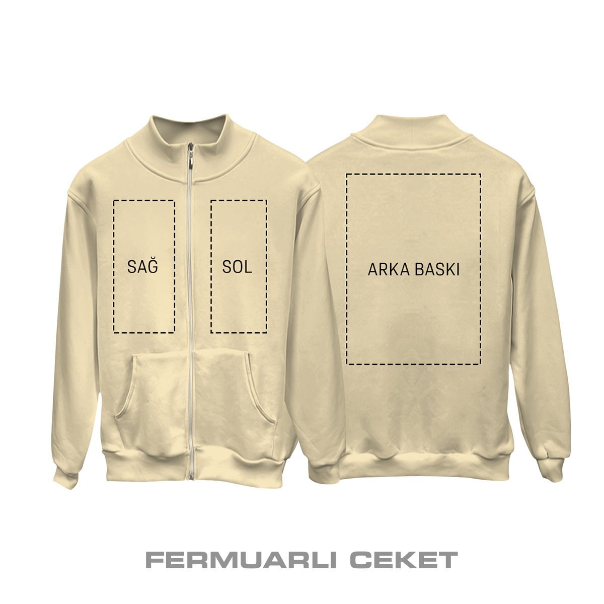 Kişisel Baskı - Krem Fermuarlı Ceket