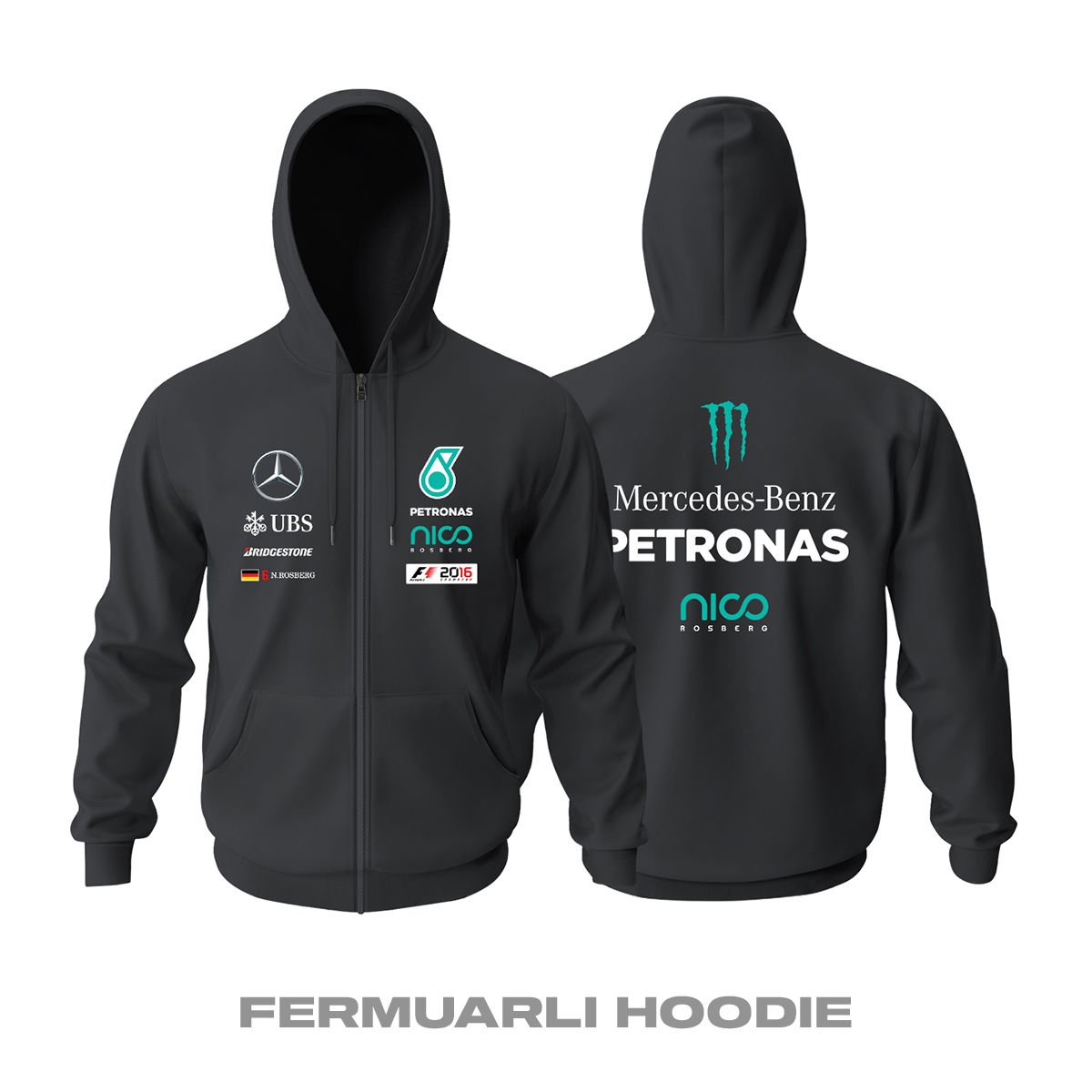 F1 2016 Champion: Nico Rosberg - Black Edition Fermuarlı Hoodie