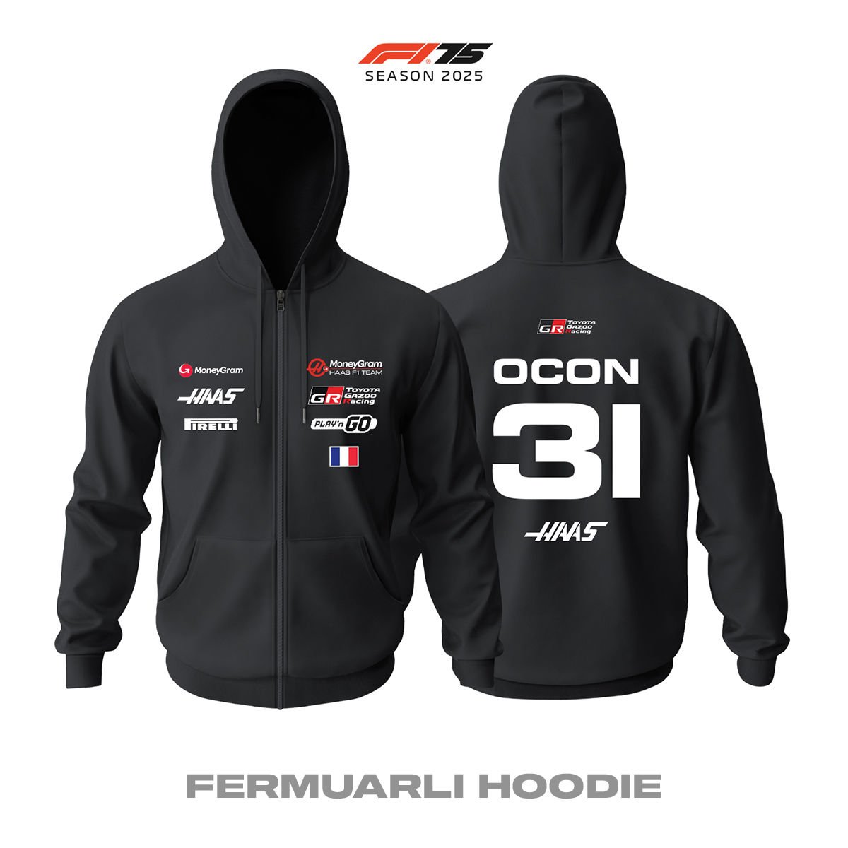 Haas F1 Team: VF-25 Black Crew Edition 2025 Fermuarlı Hoodie