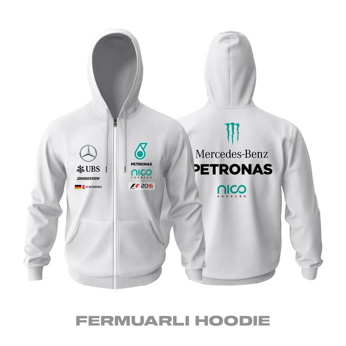 F1 2016 Champion: Nico Rosberg - White Edition Fermuarlı Hoodie