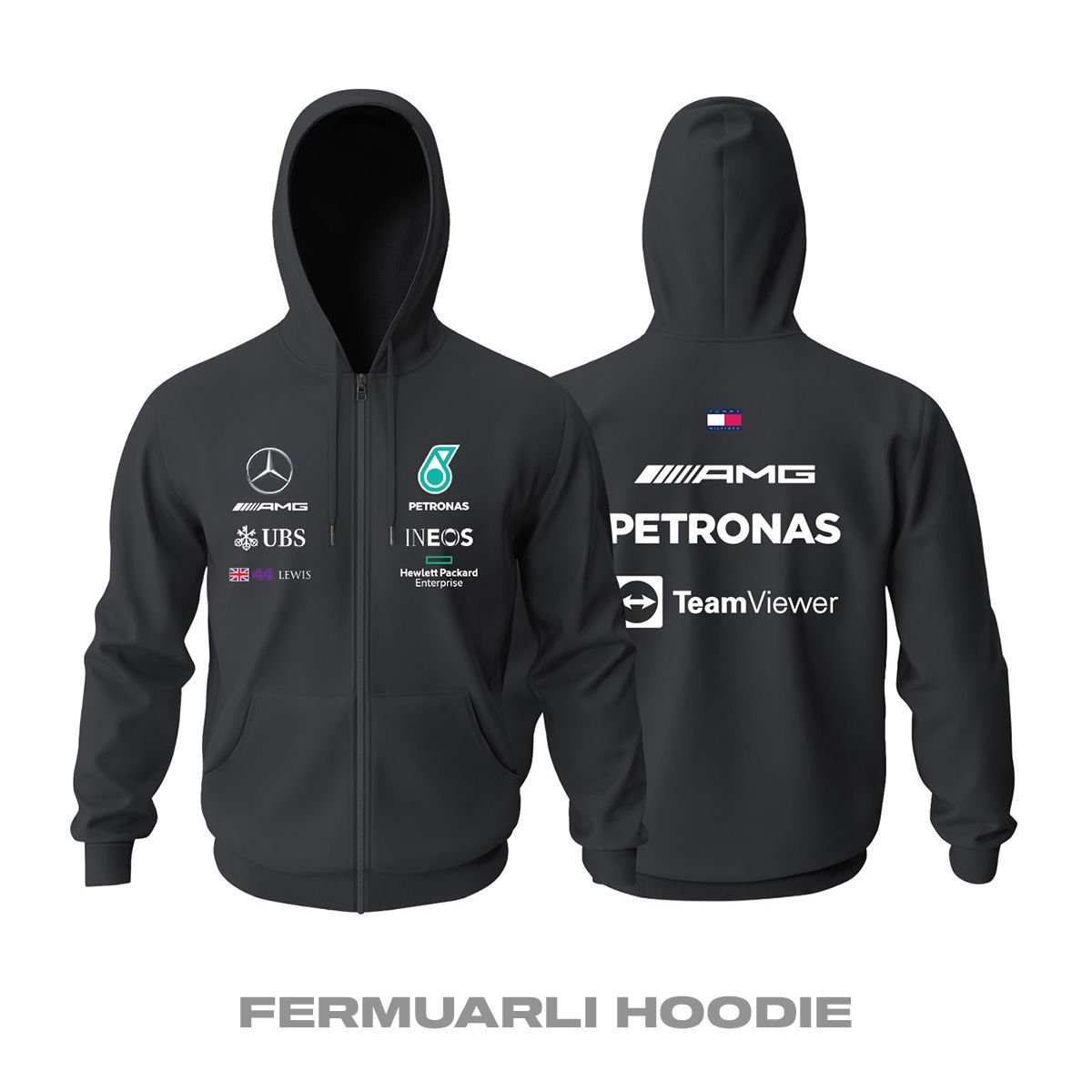 AMG Petronas F1 Team: Black Edition 2022 Fermuarlı Kapüşonlu Hoodie