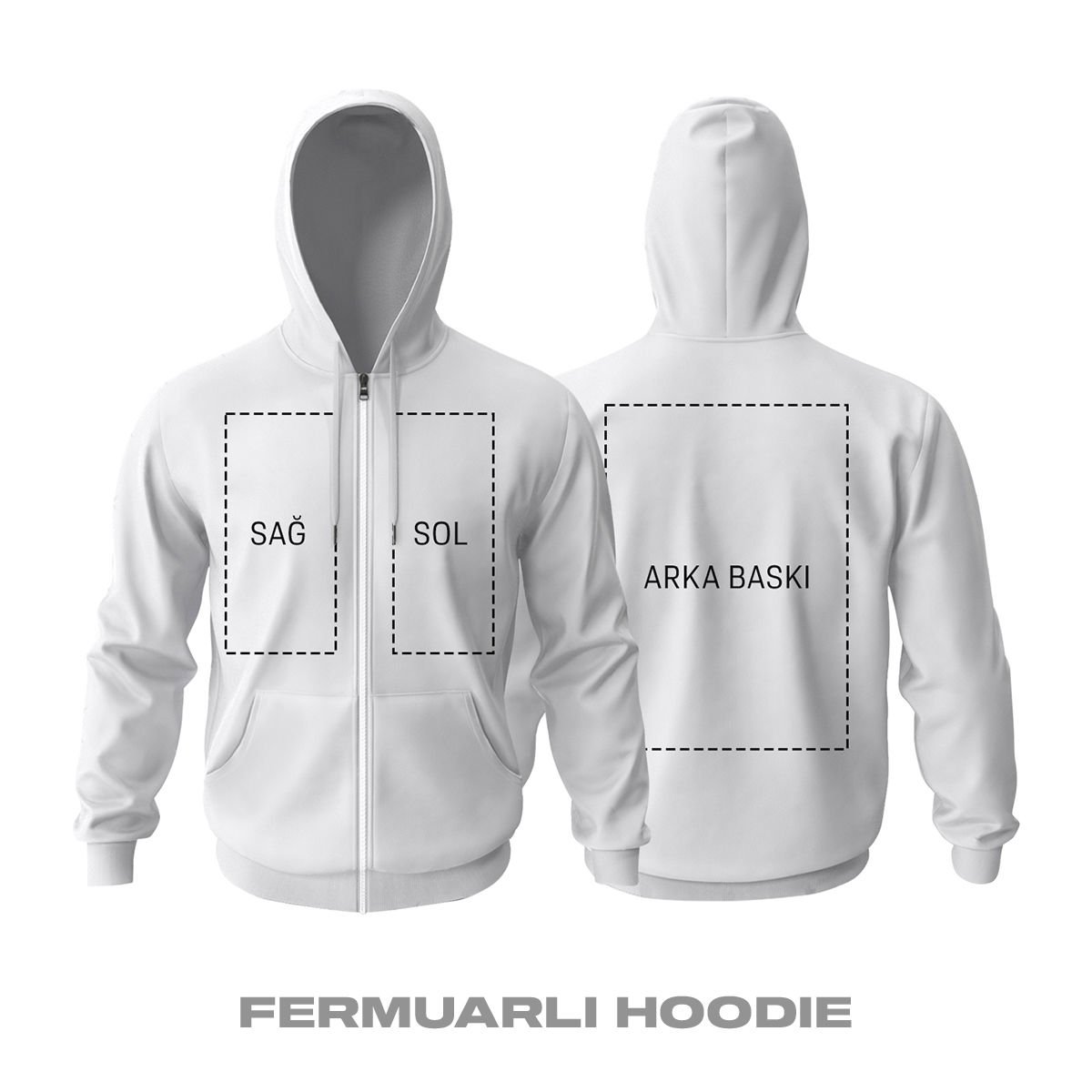 Kişisel Baskı - Beyaz Fermuarlı Hoodie