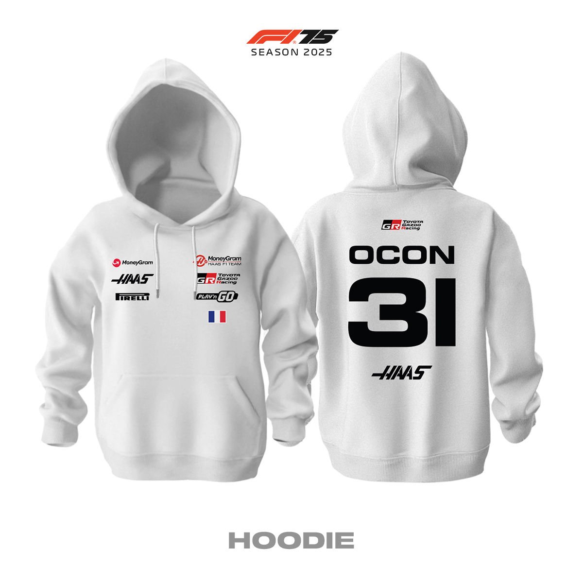 Haas F1 Team: VF-25 White Crew Edition 2025 Kapüşonlu Hoodie