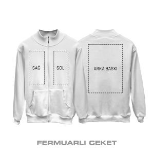 Kişisel Baskı - Beyaz Fermuarlı Ceket