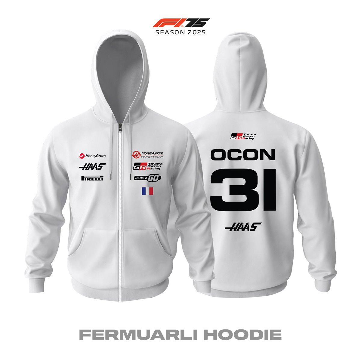 Haas F1 Team: VF-25 White Crew Edition 2025 Fermuarlı Hoodie