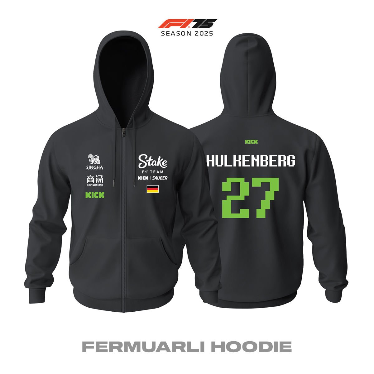 Stake F1 Team: Kick Sauber C45 Black Crew Edition 2025 Fermuarlı Hoodie